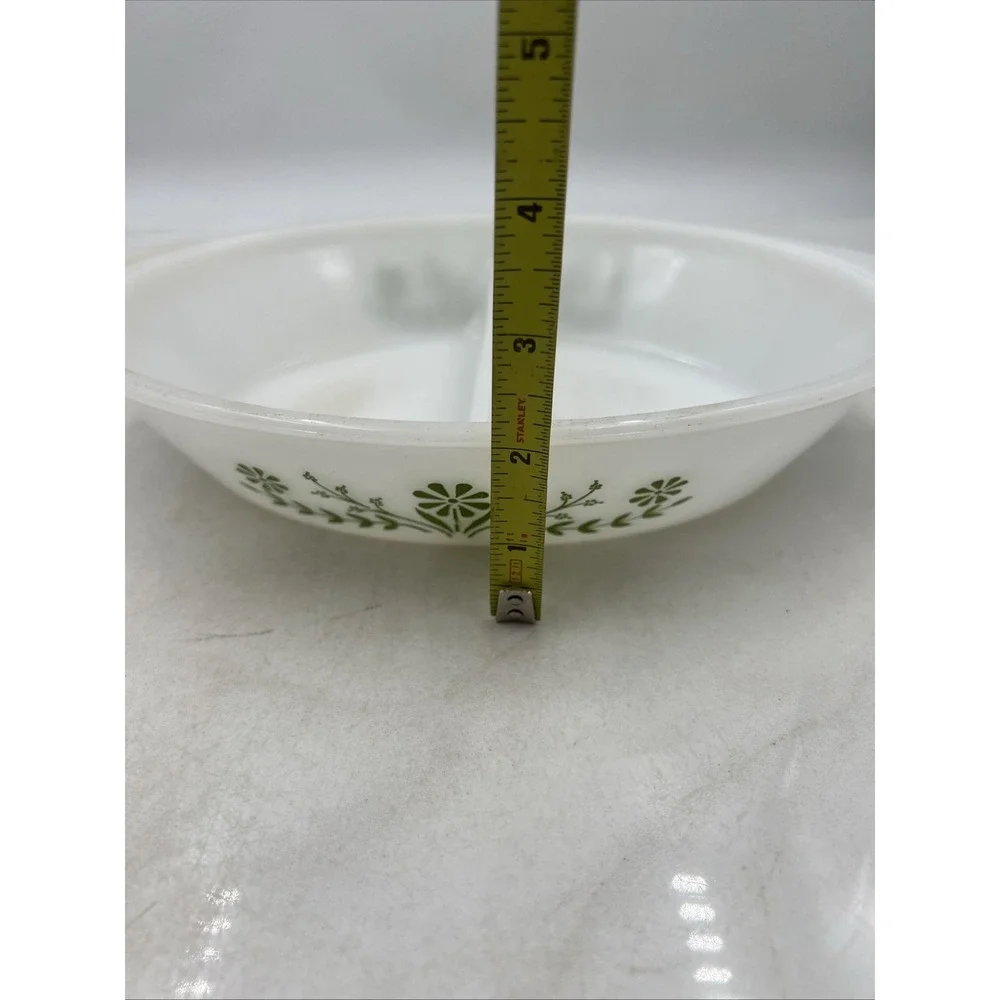 Vintage Glasbake Casserole Dish Milk Glass Divided Green Daisy Pattern J2352